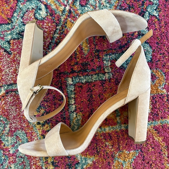 J. Crew | Women’s tan suede open toe Rafia chunky heels, ankle strap/buckle sz11 - Picture 6 of 12